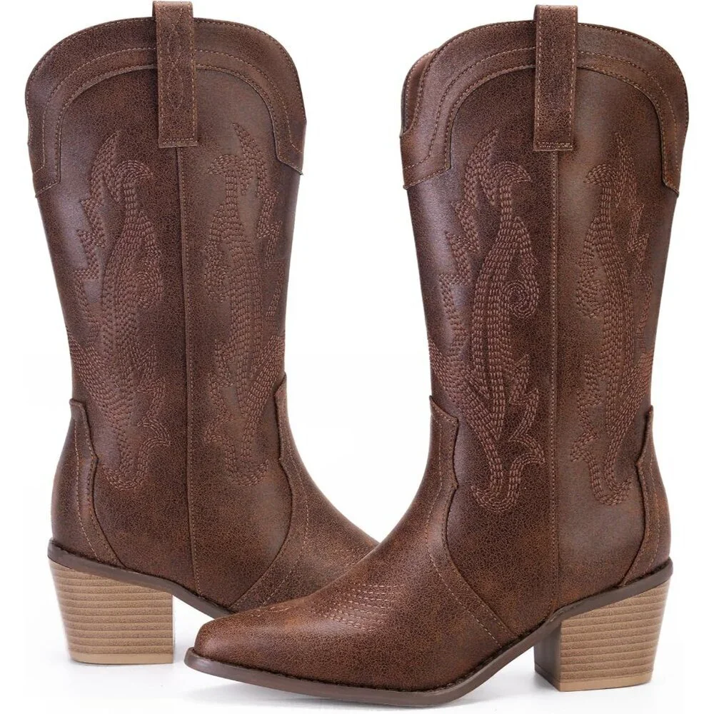 Women's Vintage Brown Pointed Toe Western Boots Embroidered Mid-calf Block Heel - Picture 5 of 7